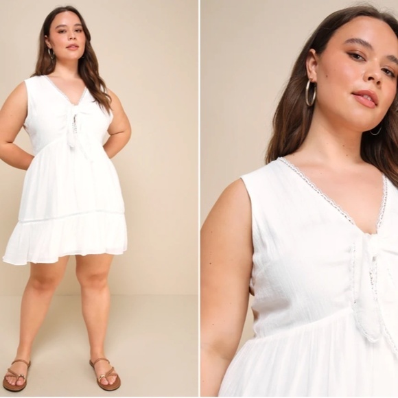 LULU's Bachelorette Engagement Bridal Shower Honeymoon Flowy Tie Front Mini Dres - Picture 3 of 5